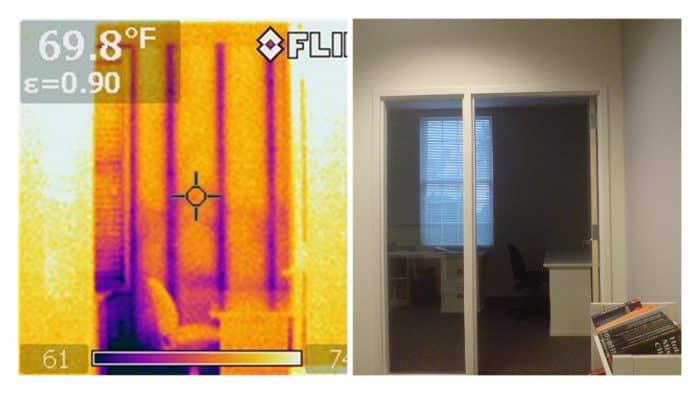 Paired RGB and thermal infrared images of a normal timber-framed interior wall showing regular stud pattern, building inspection New Zealand