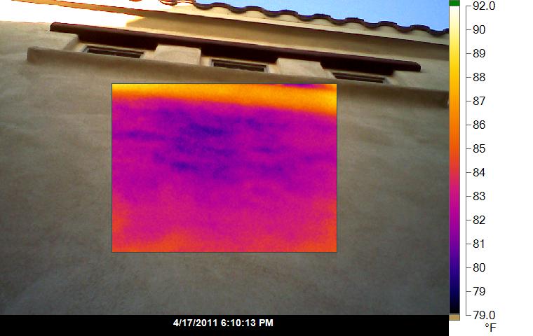 Thermal infrared image showing moisture distribution below roofline from failed flashing, building inspection New Zealand 