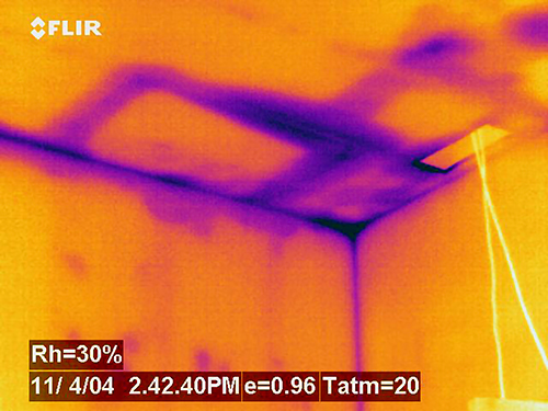 Thermal image showing ceiling moisture from roof leak before visible damage, thermal inspection NZ 