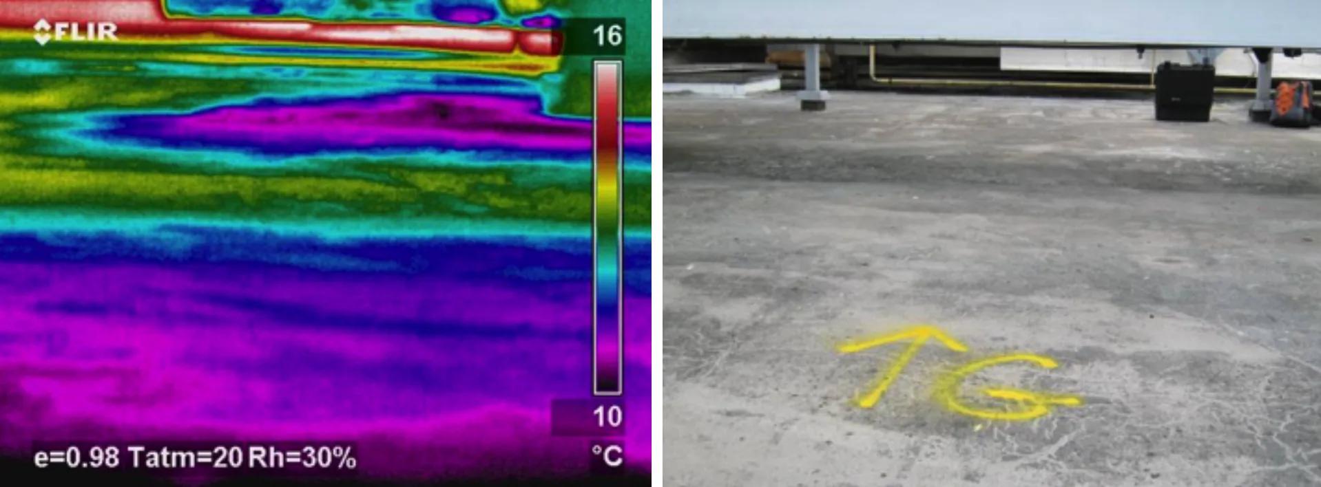 Post-sunset thermal imaging showing warm patches on flat roof from trapped moisture, roof survey NZ 